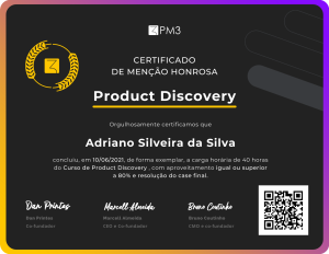 certificado mencao honrosa curso de product discovery pm3