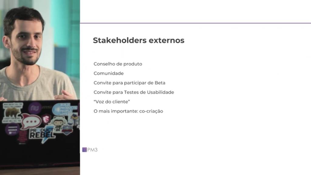 aula sobre gerenciamento de stakeholders no Curso de Product Management da PM3