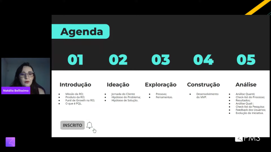 A imagem mostra captura de tela da Masterclass Product-led Growth na Prática, com as etapas do case de PLG na Remessa Online.