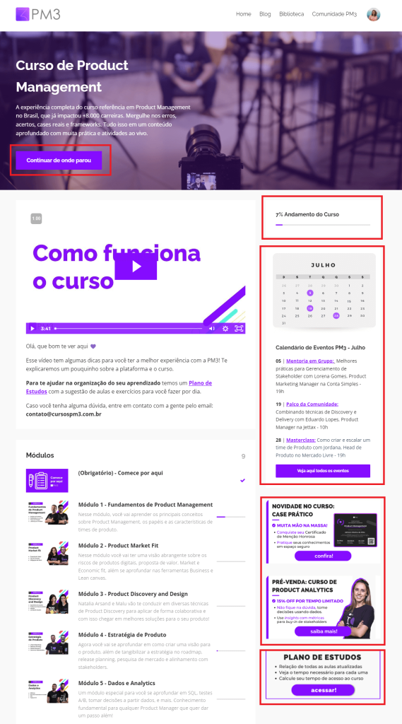 novidades na página inicial dos cursos