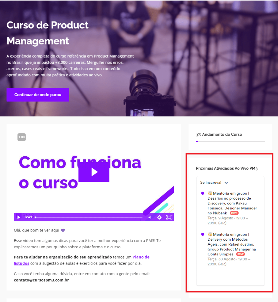 calendário de atividades ao vivo