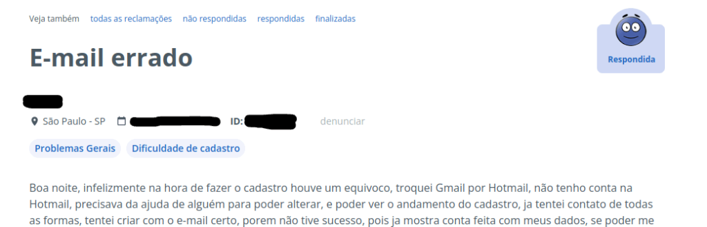 comentário no Reclame Aqui