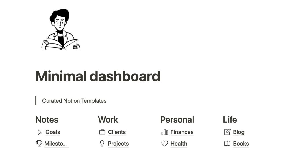 dashboard do Notion com exemplo de design minimalista